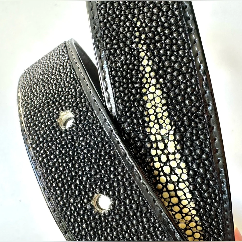 Stingray Skin Black Textured Belt with Gold & Silver Buckle 34” Unisex